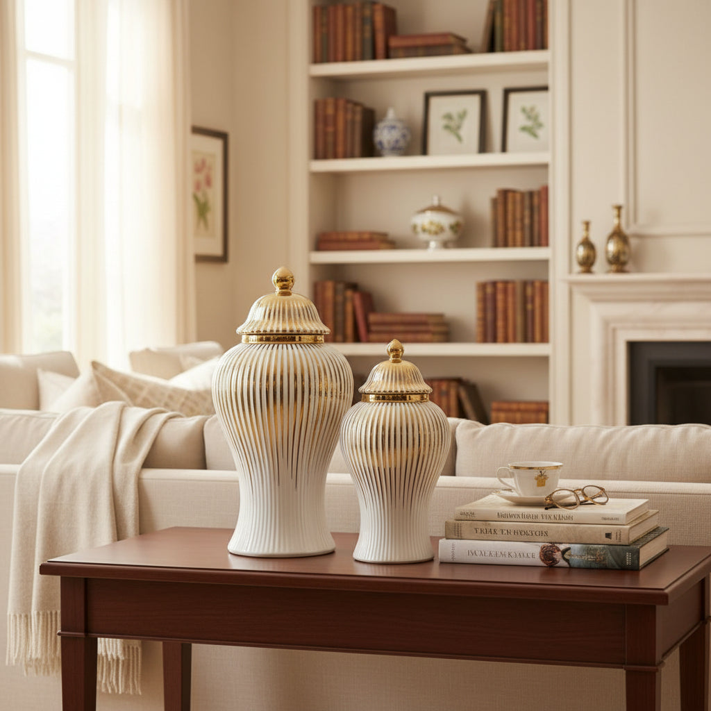 White & Gold Ceramic Ginger Jar with Vertical Stripes Set