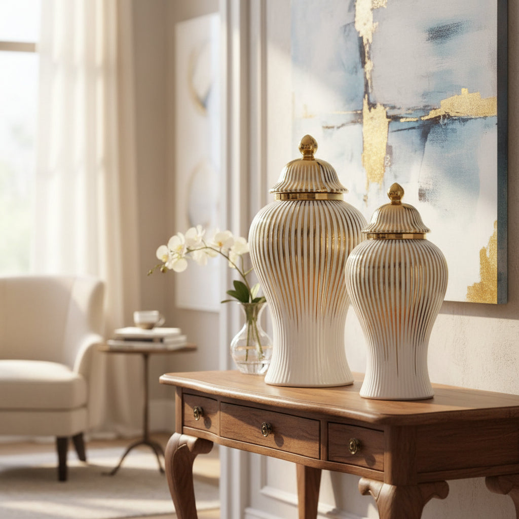 White & Gold Ceramic Ginger Jar with Vertical Stripes Set