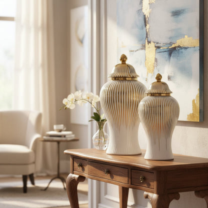 White & Gold Ceramic Ginger Jar with Vertical Stripes Set